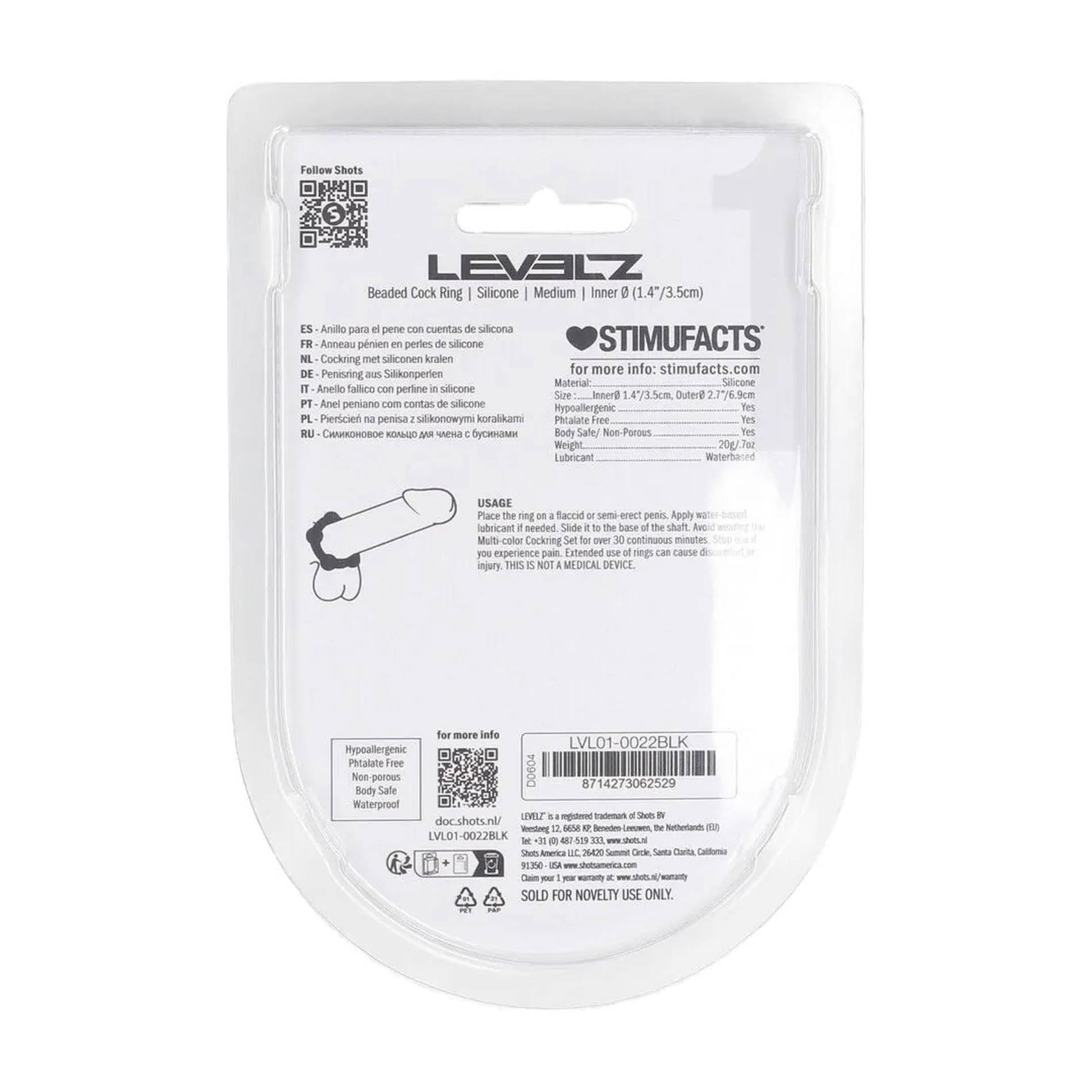 Inel pentru penis Levelz cu mărgele din silicon, negru, M, 3,5 cm