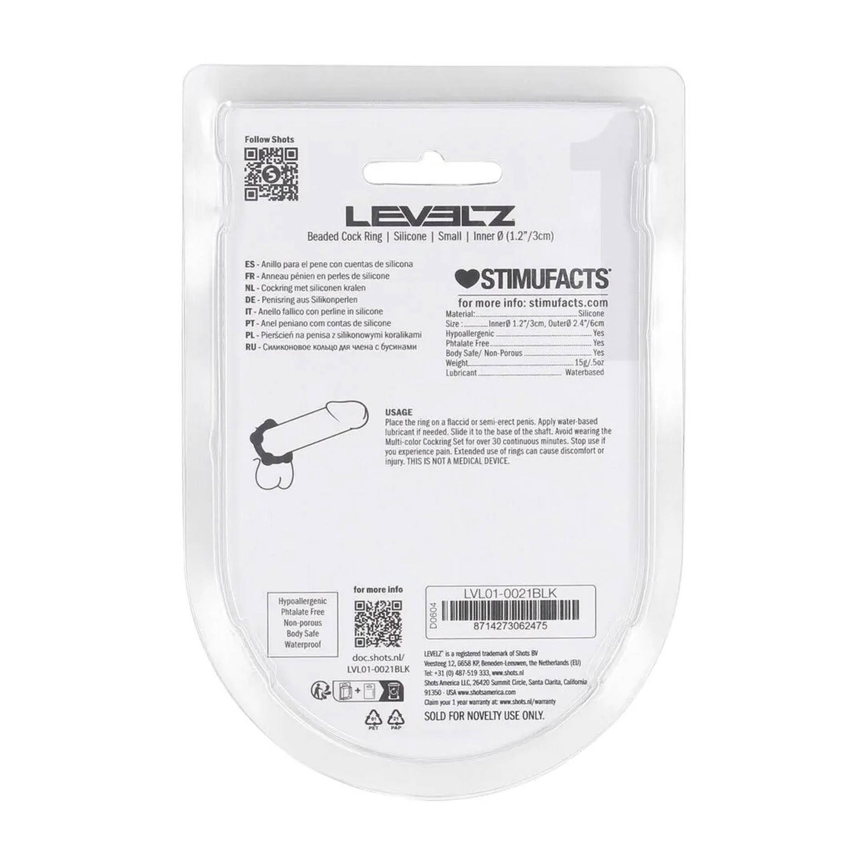 Inel pentru penis Levelz S cu mărgele din silicon negru de 3 cm