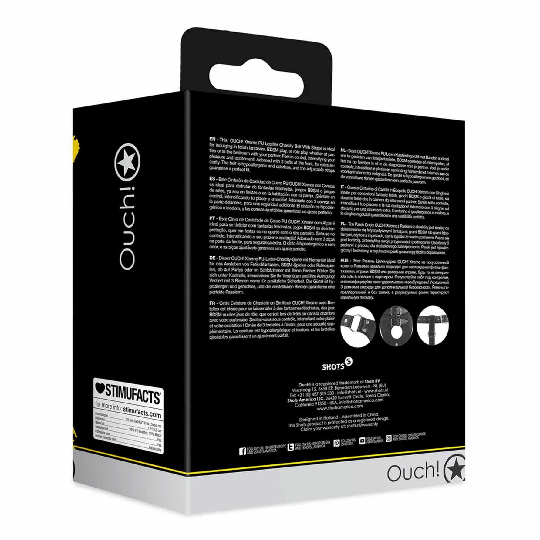 Centură de castitate Ouch din piele PU cu bretele, neagră, 110 cm