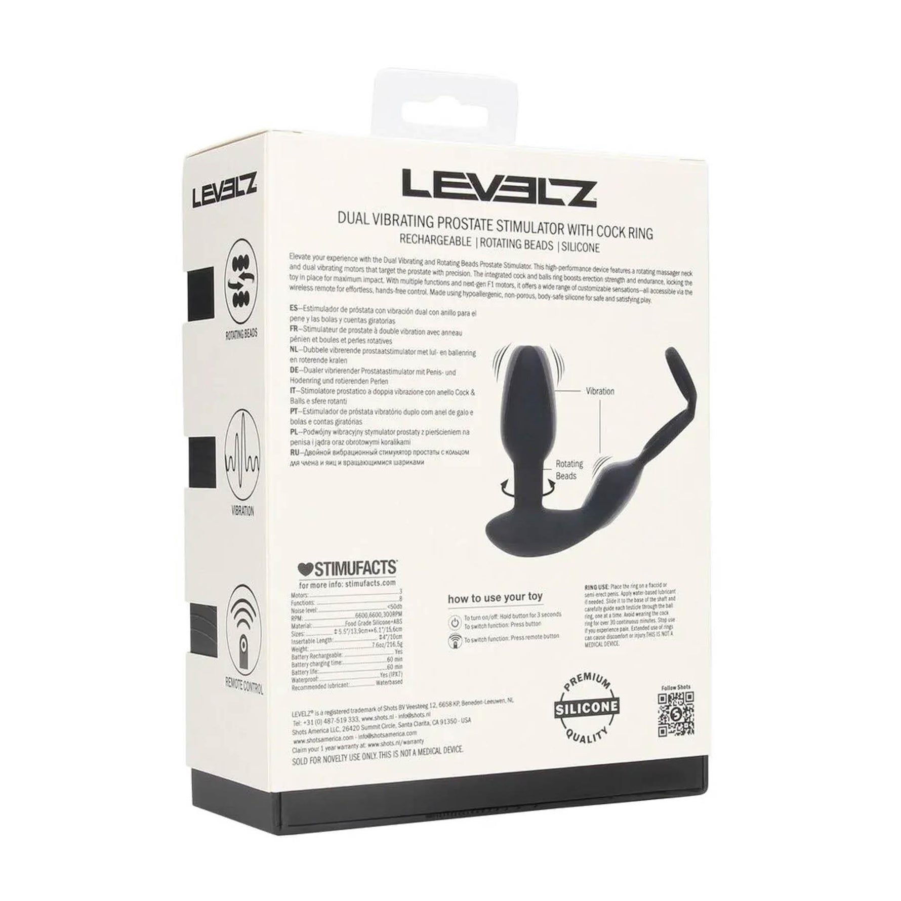 Masaj de prostată din silicon Levelz cu perle rotative și telecomandă 17 cm