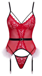 Corset basc roșu Cottelli L/XL cu tanga și pene