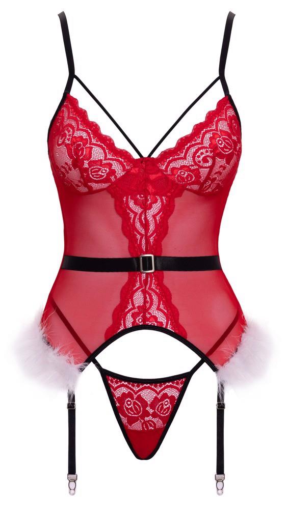 Corset basc roșu Cottelli L/XL cu tanga și pene