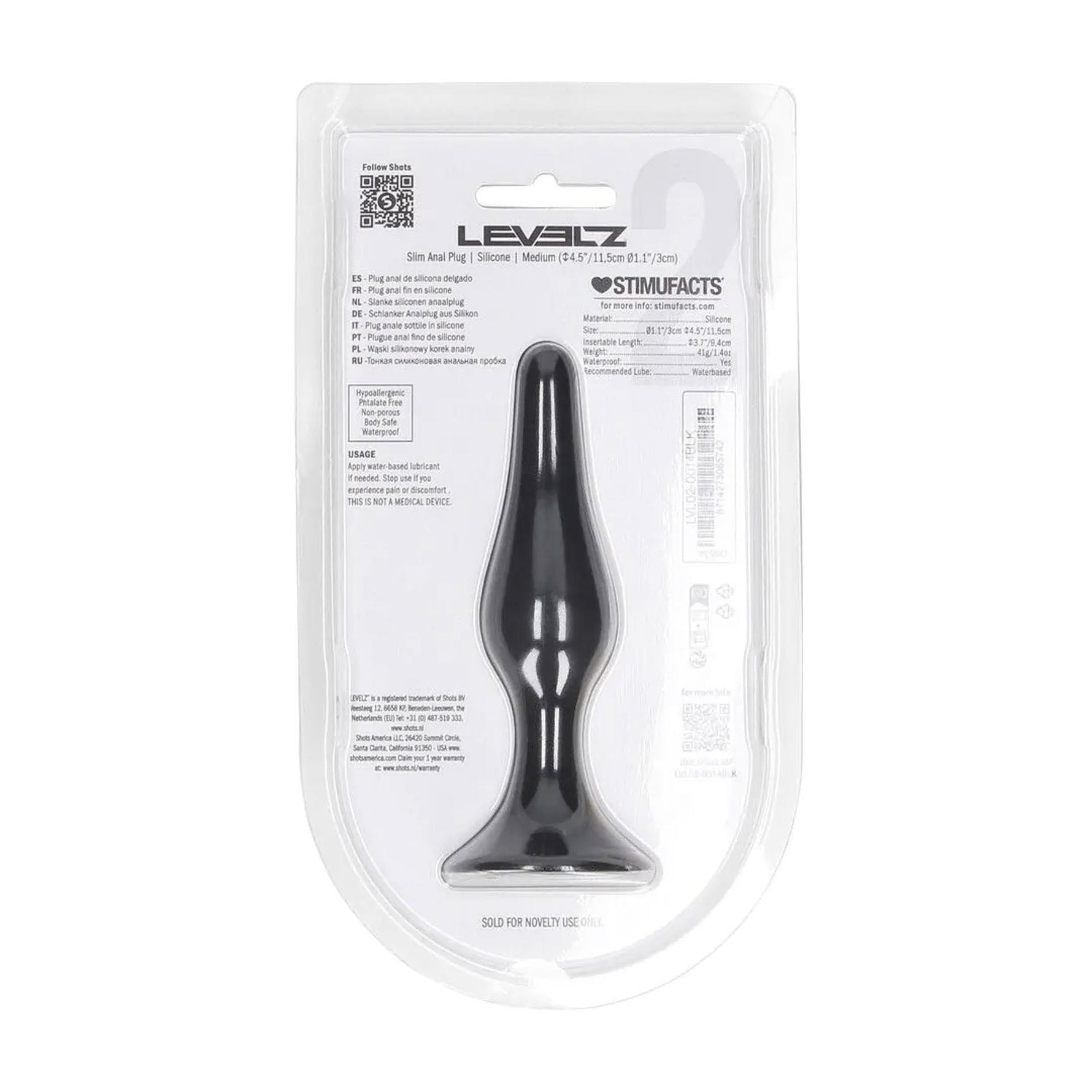 Dop anal Levelz Slim din silicon, M, negru, 11,5 cm