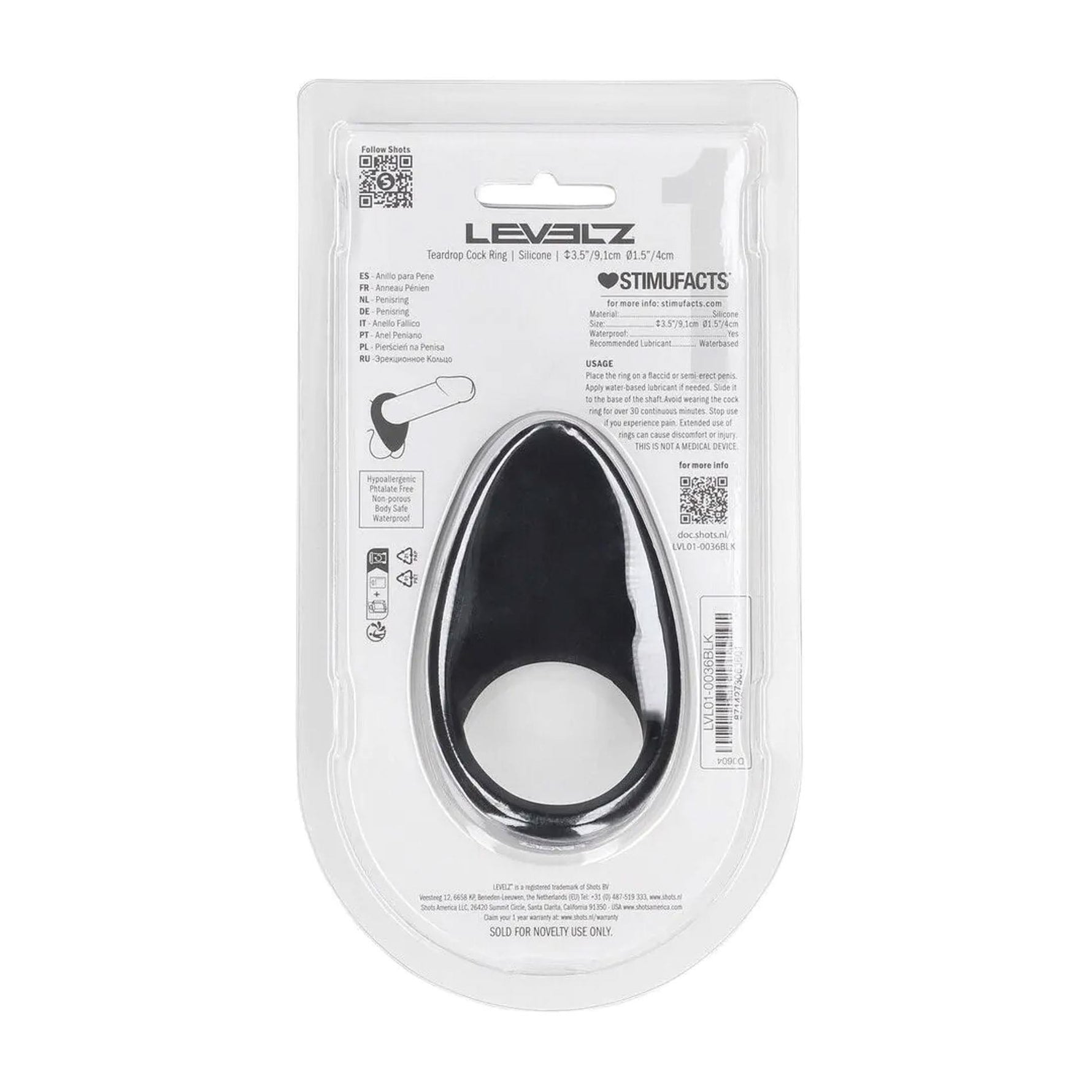Inel de erecție Levelz din silicon tip lacrimă, negru, 9 cm