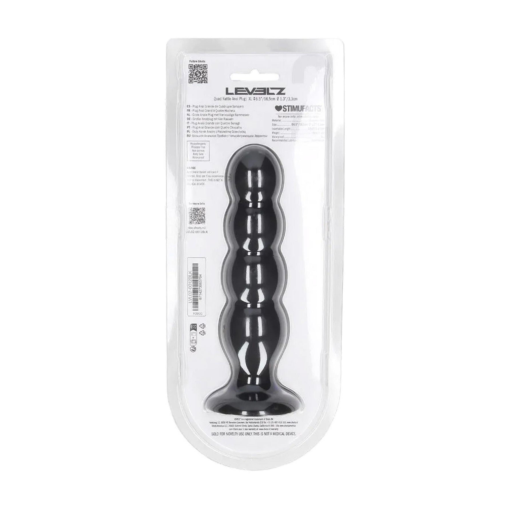 Dop anal cvadruplu din silicon Levelz XL cu zornăitoare, negru, 16,5 cm