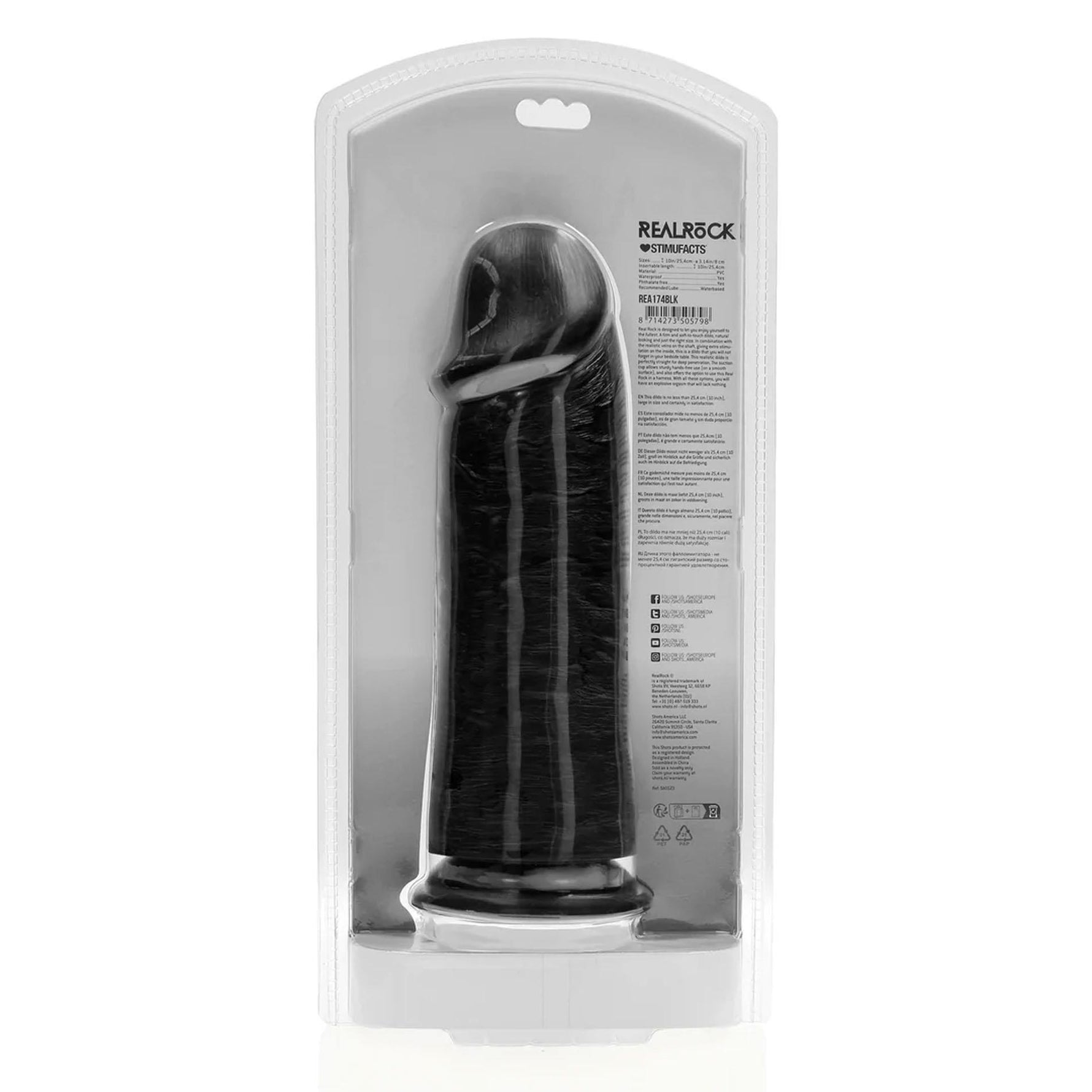 Dildo realist RealRock gros, drept, fără testicule, 25 cm, negru