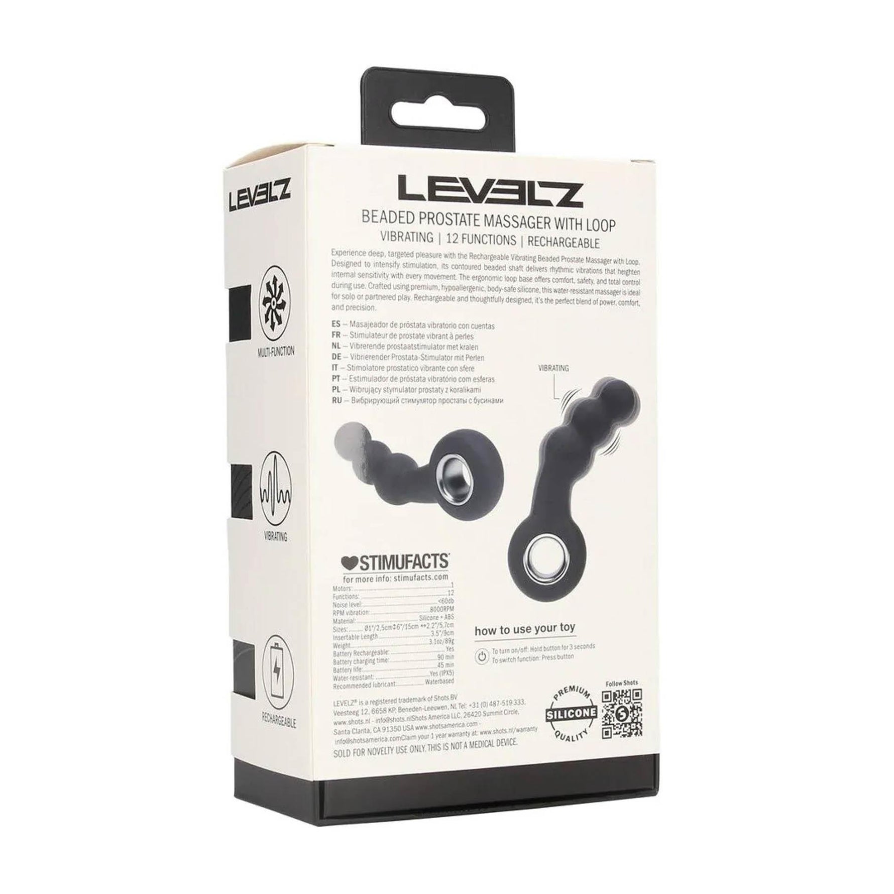 Masaj de prostată cu perle vibratoare Levelz și buclă din silicon, negru, 15 cm