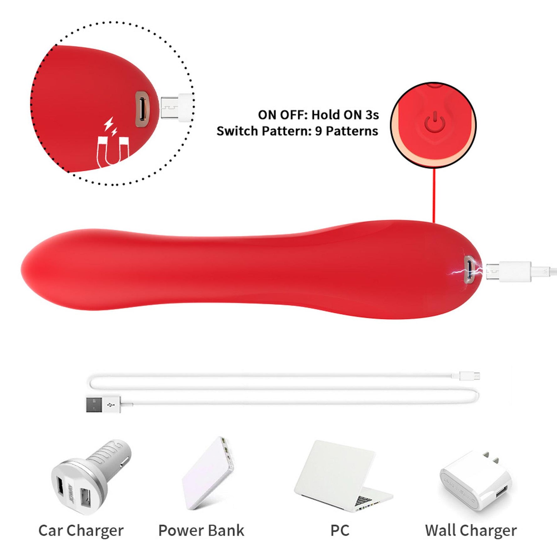 Vibrator Crazy Horse USB cu trei puncte, 22 cm, tip iepuraș roșu