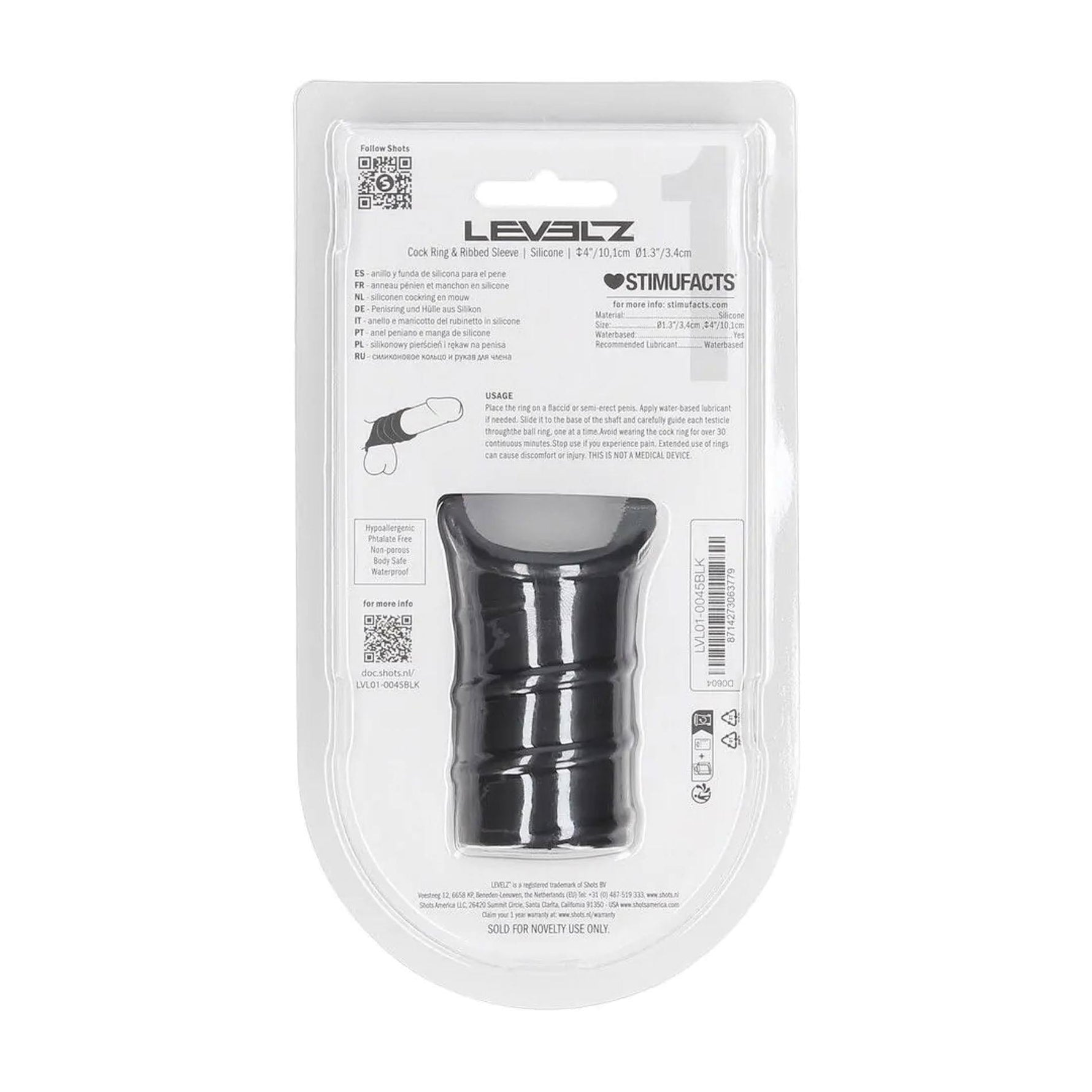 Inel pentru penis Levelz cu manșon nervurat, silicon, negru