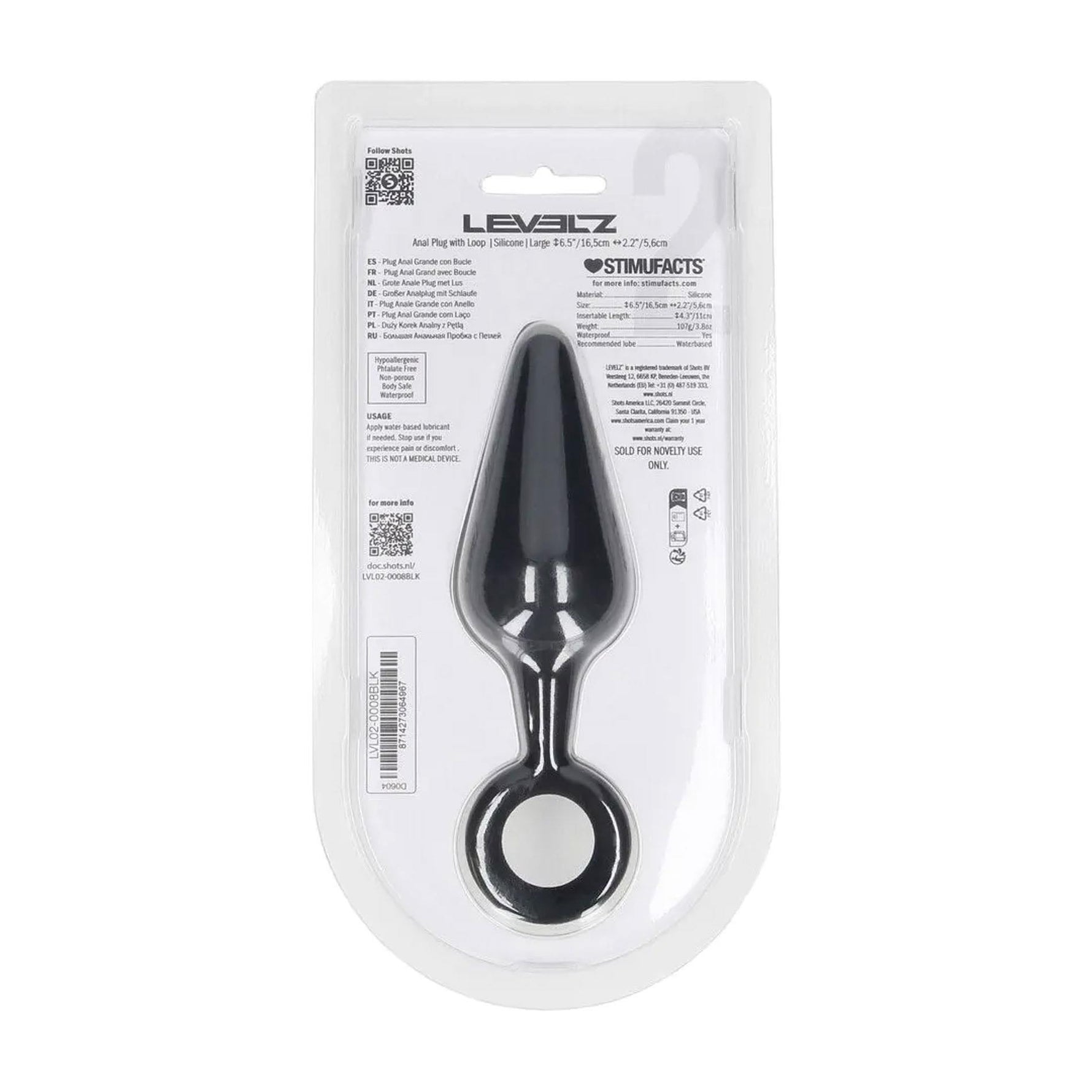 Dop anal din silicon cu buclă Levelz L negru 14 cm