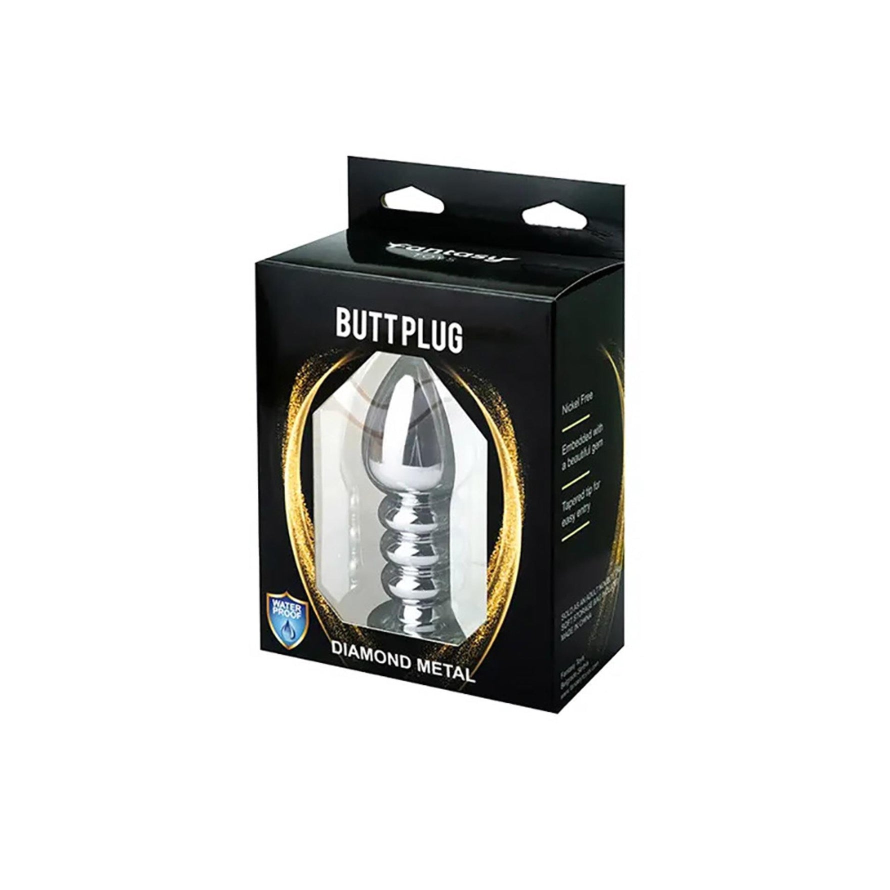 Plug anal Fantasy cu nervuri argintii și cristal negru