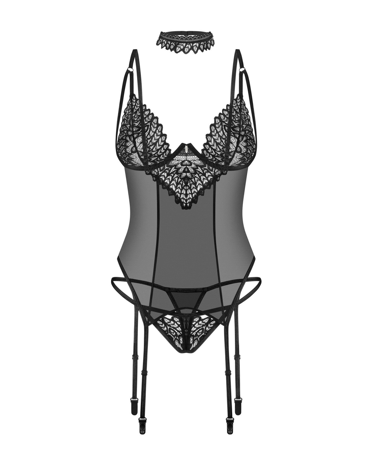Corset Donarella din dantelă cu tanga și choker Obsessive Negru XL/2XL