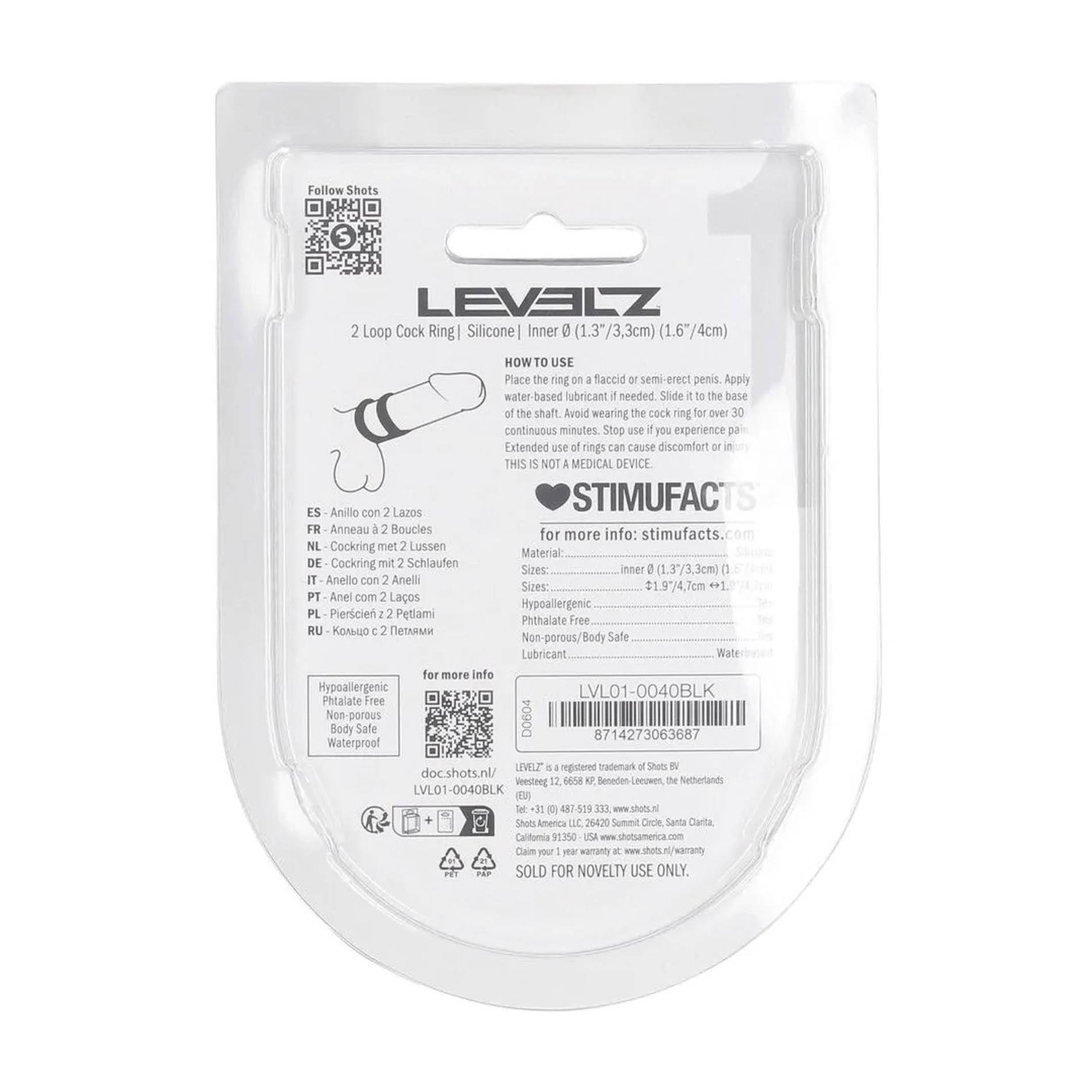 Inel pentru penis Levelz Double Loop din silicon, negru, 4 cm