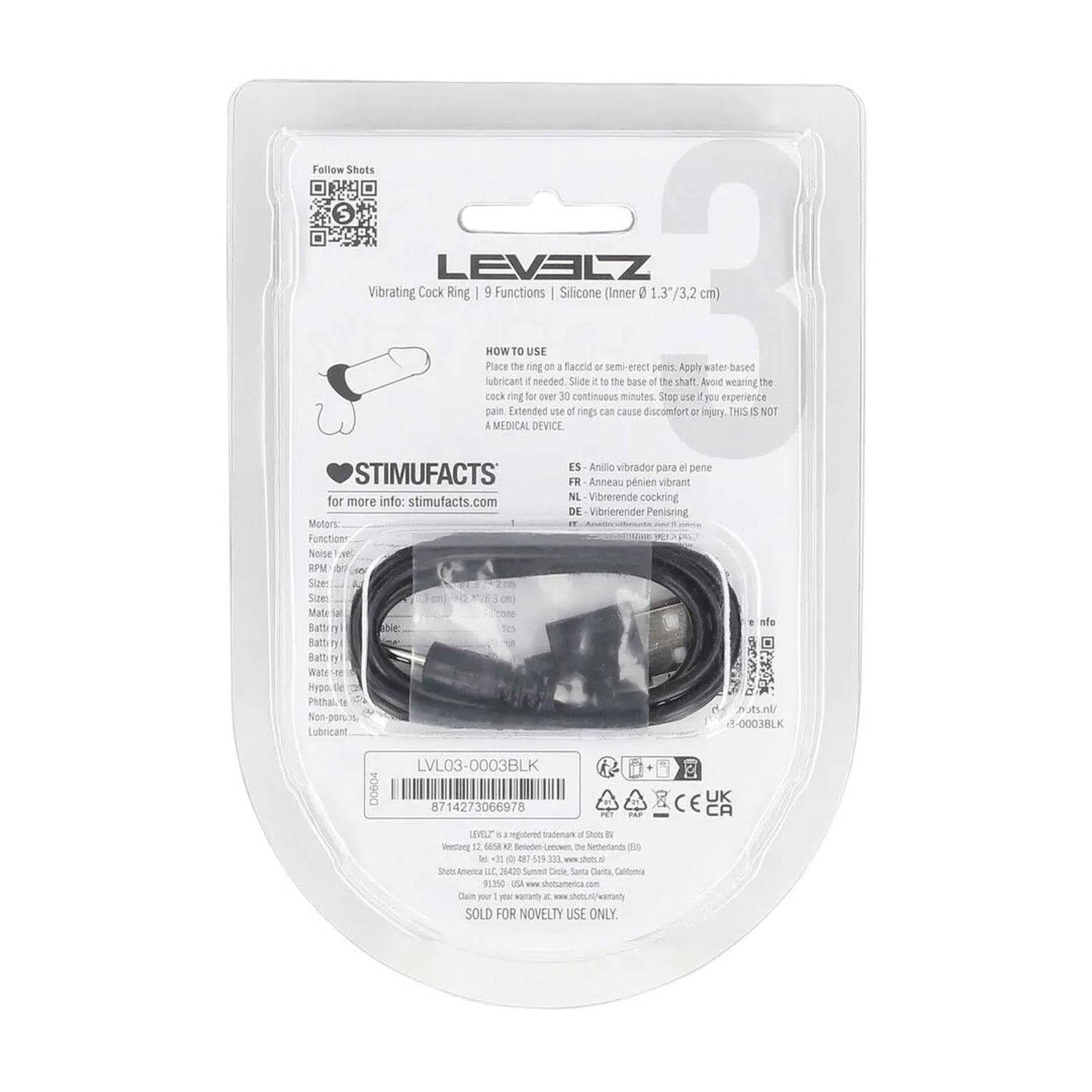 Inel vibrant pentru penis Levelz Level 3 din silicon, negru, 6,3 cm