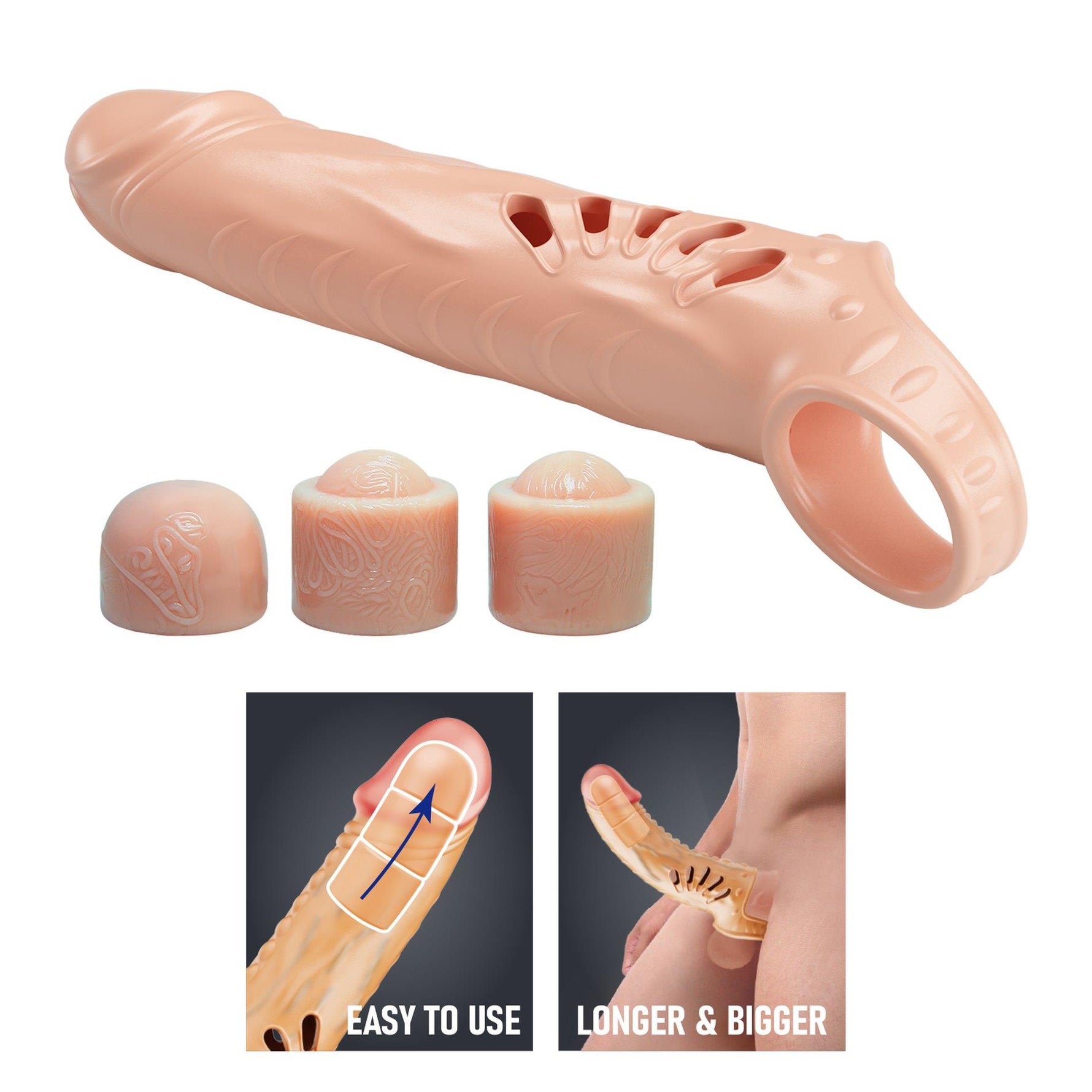 Pretty Love - Manșon pentru penis TPE cu 3 extensii detașabile 2,5 cm