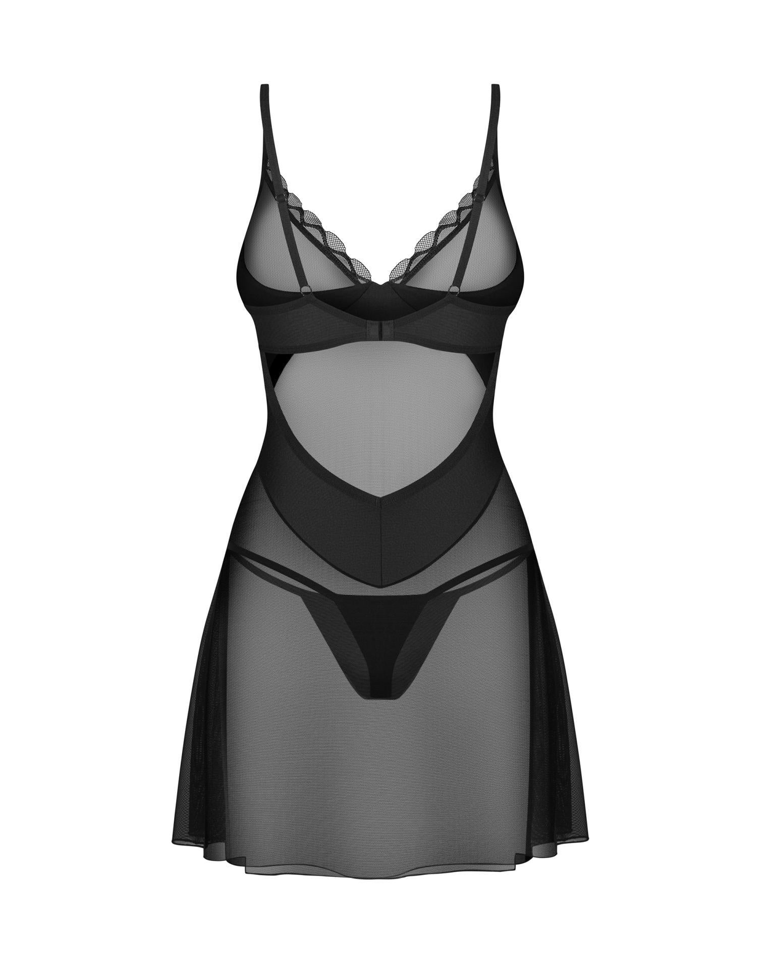 Camasă de noapte Stelisa din plasă neagră cu tanga Obsessive 2XL/3XL