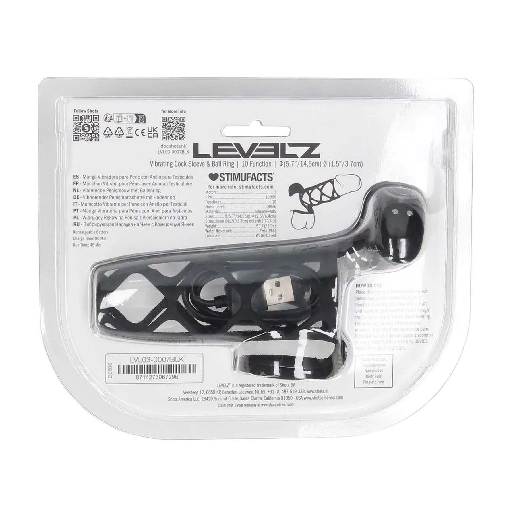 Manșon vibrant pentru penis Levelz din silicon, negru, 14,5 cm