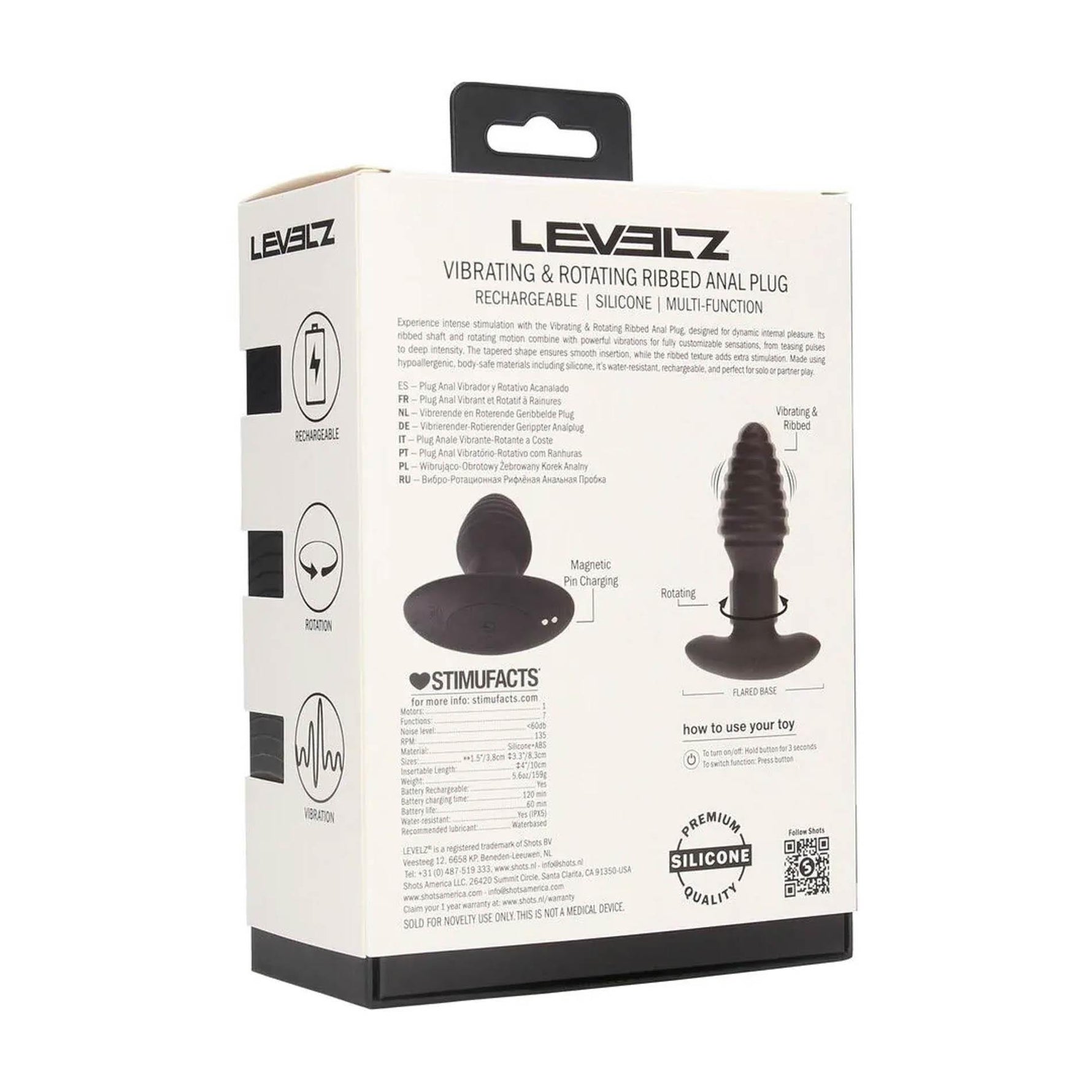 Plug anal rotativ vibrant Levelz, cu nervuri, silicon, negru, 12,5 cm