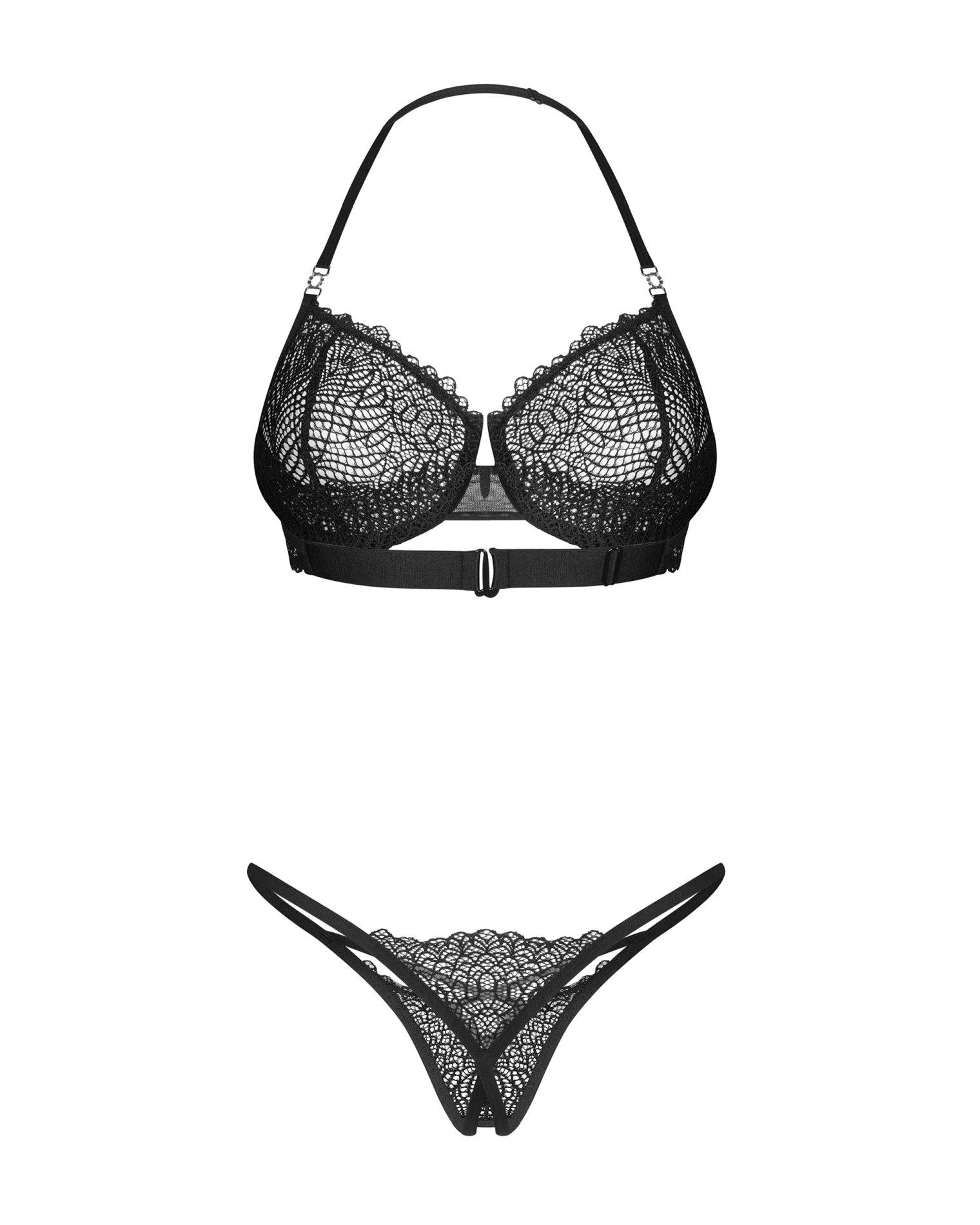 Set lenjerie intimă Iliosa cu dantelă deschisă, negru Obsessive 2XL/3XL
