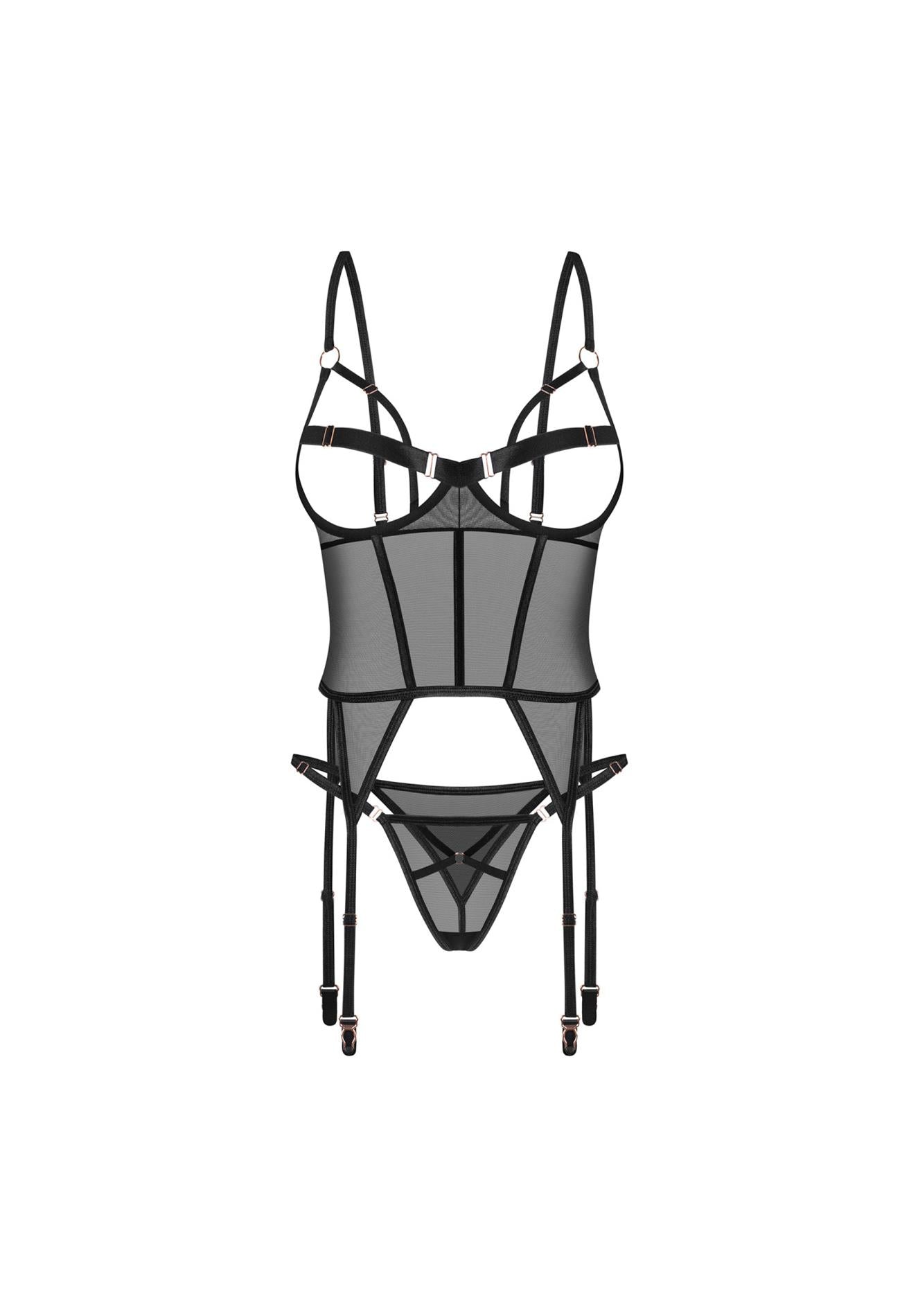 Euridia Obsessive Corset și tanga transparent negru XL 2XL