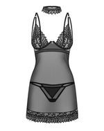 Set Donarella negru, cămașă, tanga, colier, Obsessive M/L