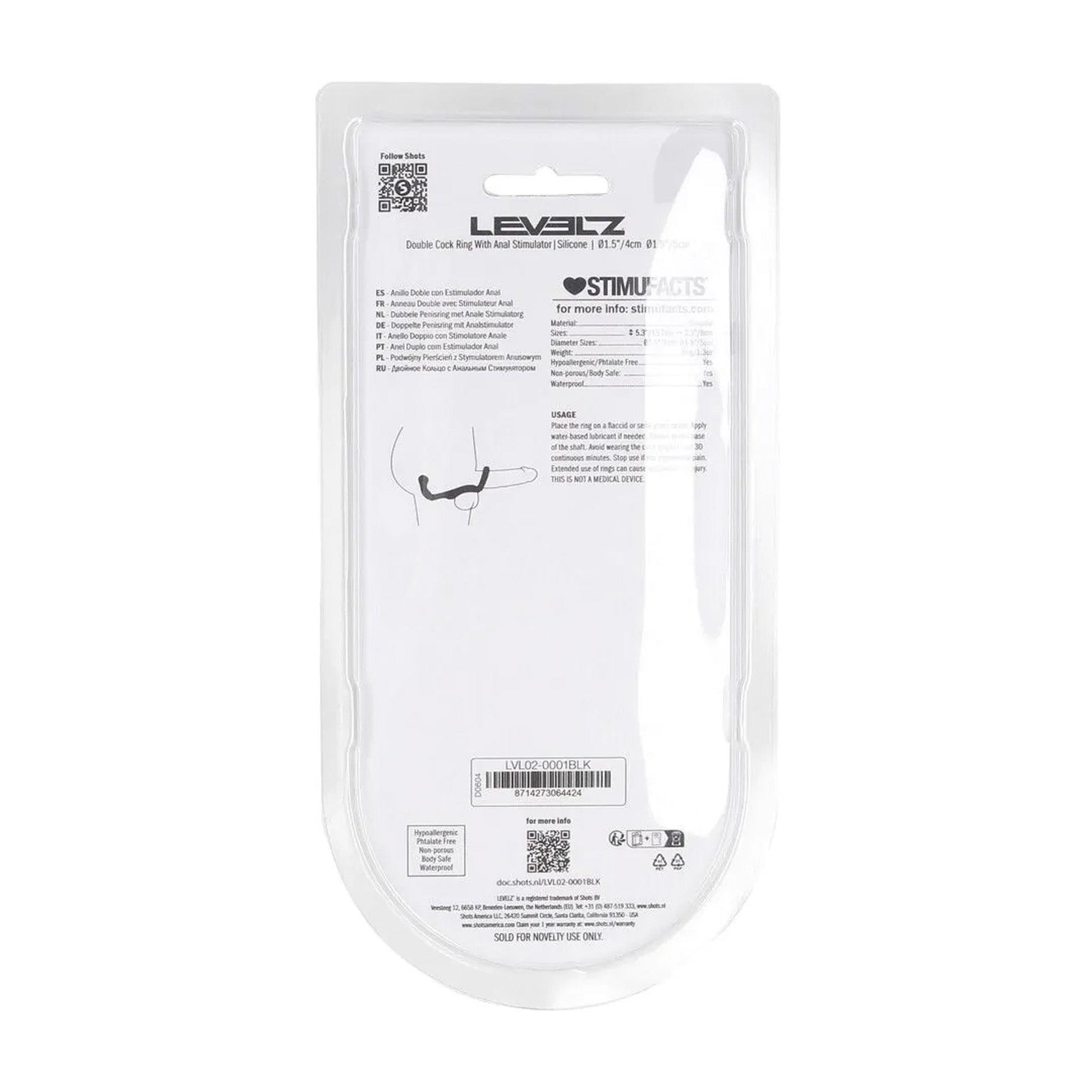 Inel dublu pentru penis Levelz din silicon cu perlă anală, negru