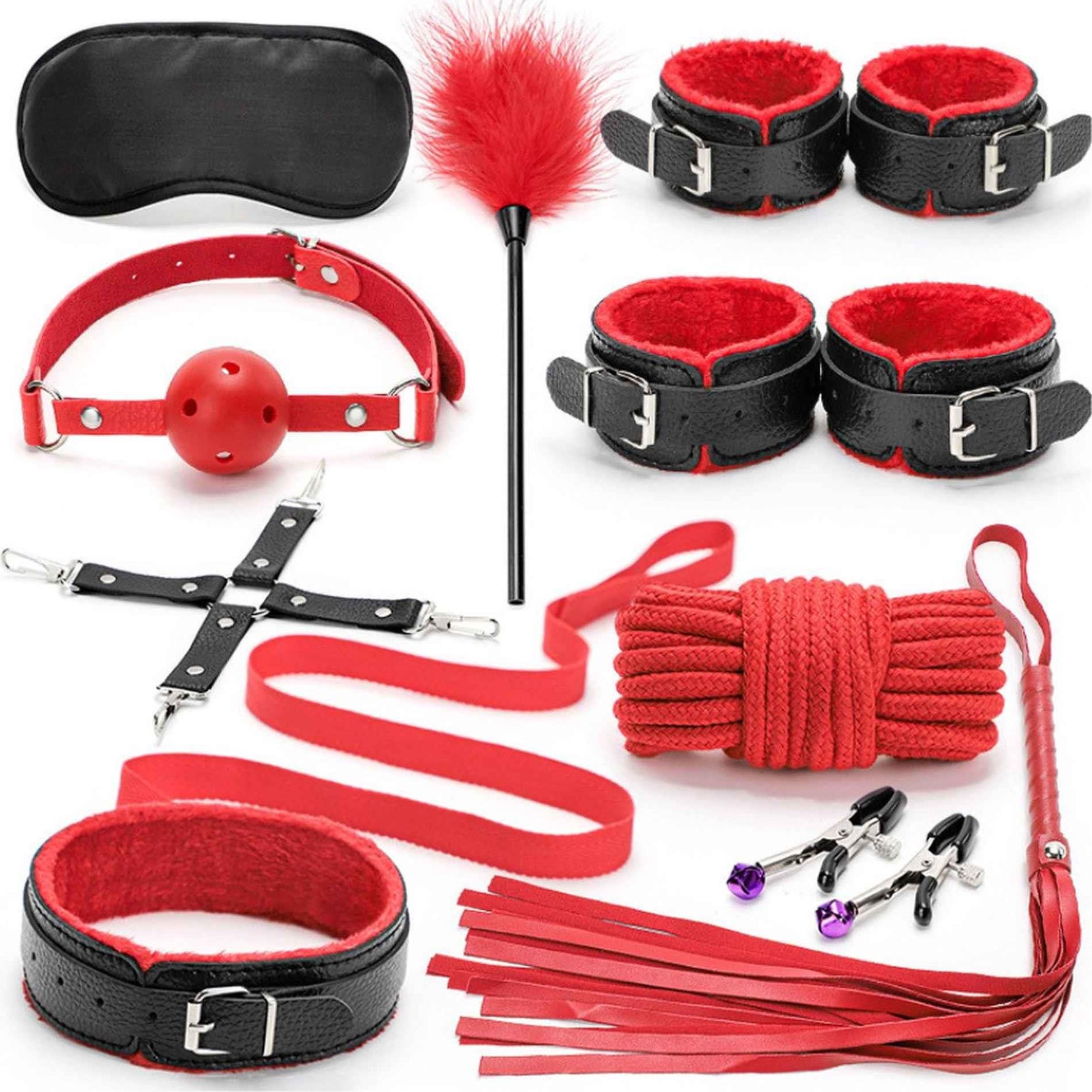 Set de bondage Fetish Fever cu 10 piese, roșu și negru