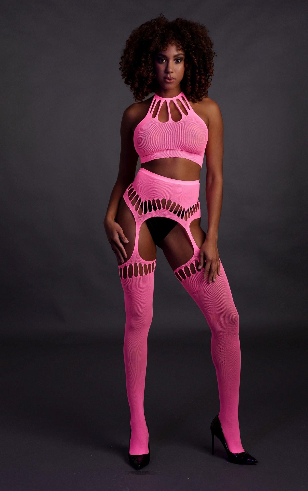 Set lenjerie intimă Ouch roz neon cu top și ciorapi XS/XL