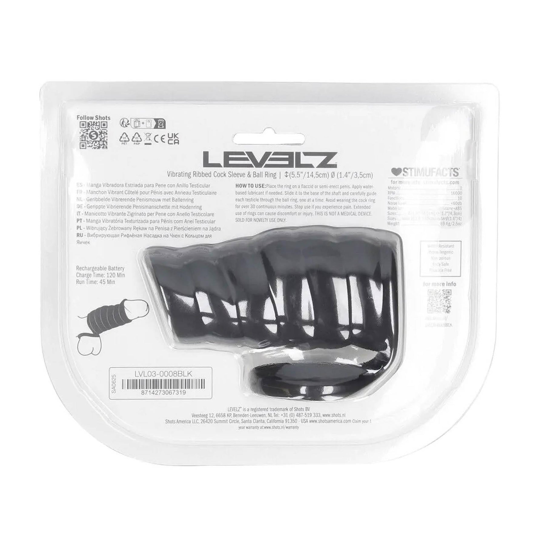 Husă vibratoare din silicon striat Levelz cu inel, neagră, 4,3 cm