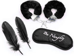 Set de bondage Fetish Fever cu măști din pene, cătușe negre, pachet de 4