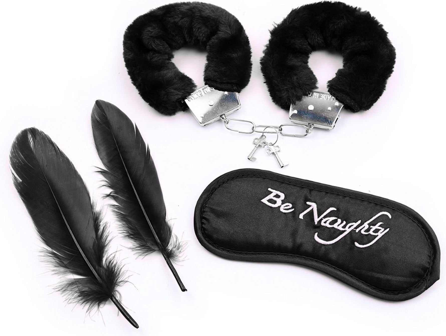 Set de bondage Fetish Fever cu măști din pene, cătușe negre, pachet de 4