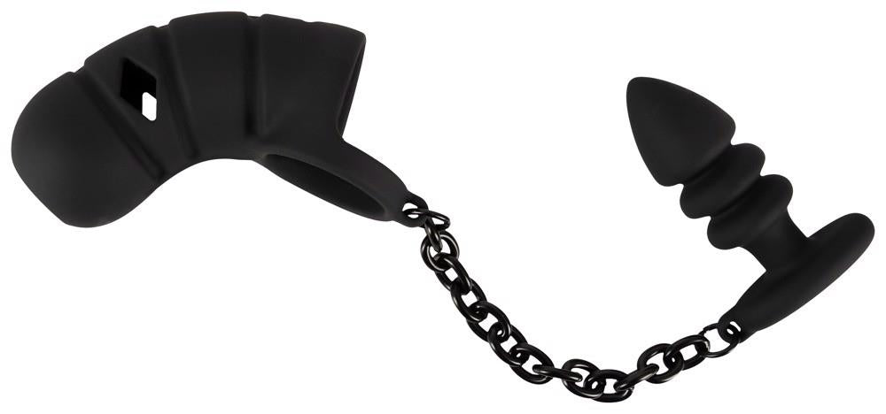 Cușcă pentru penis Black Velvets din silicon cu dop anal