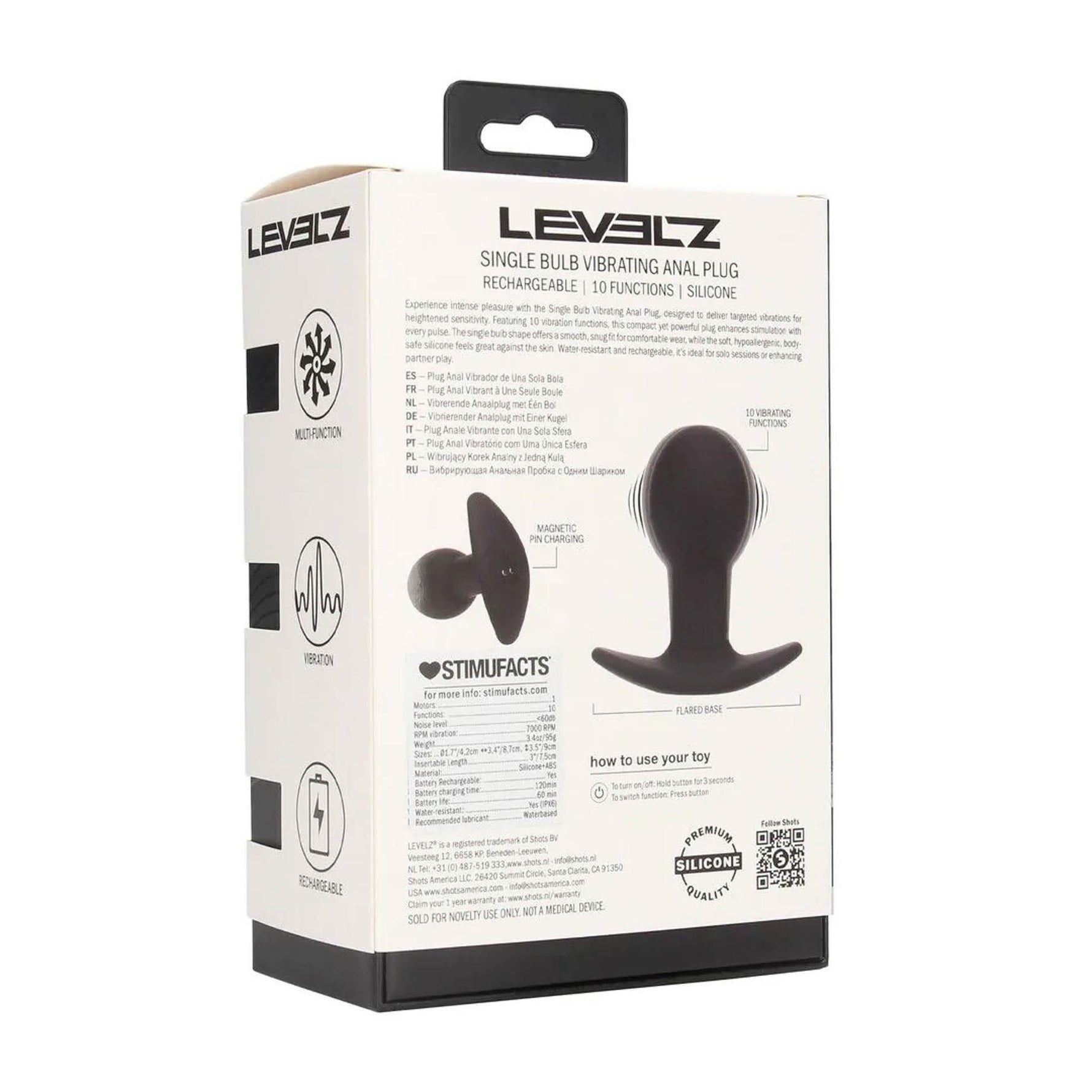 Plug anal vibrant din silicon Levelz cu un singur bec, negru, 9 cm