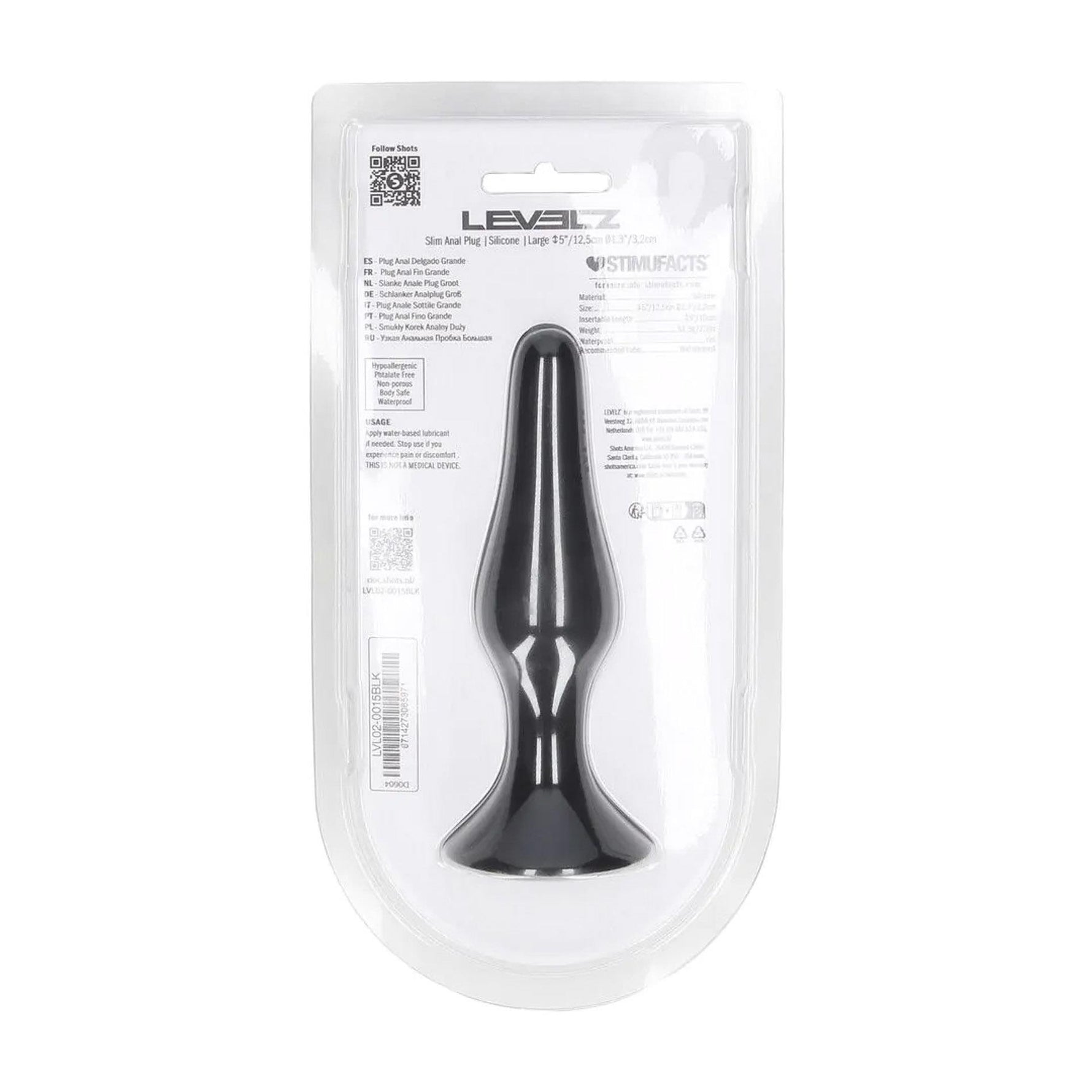 Dop anal Levelz Slim din silicon, negru, L, 12,5 cm