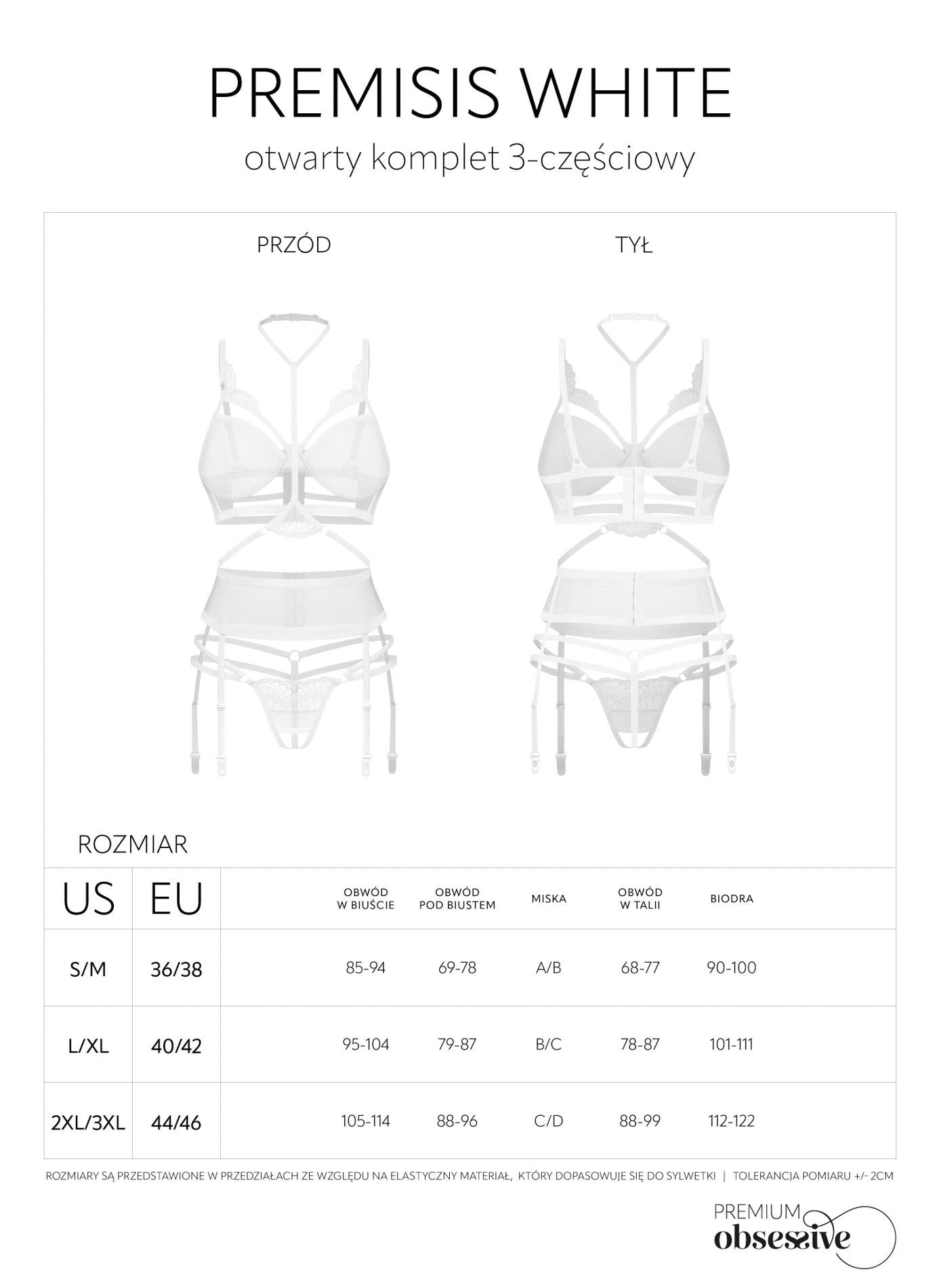 Set de lenjerie intimă Premisis White Obsessive 2XL/3XL cu deschidere, format din trei piese