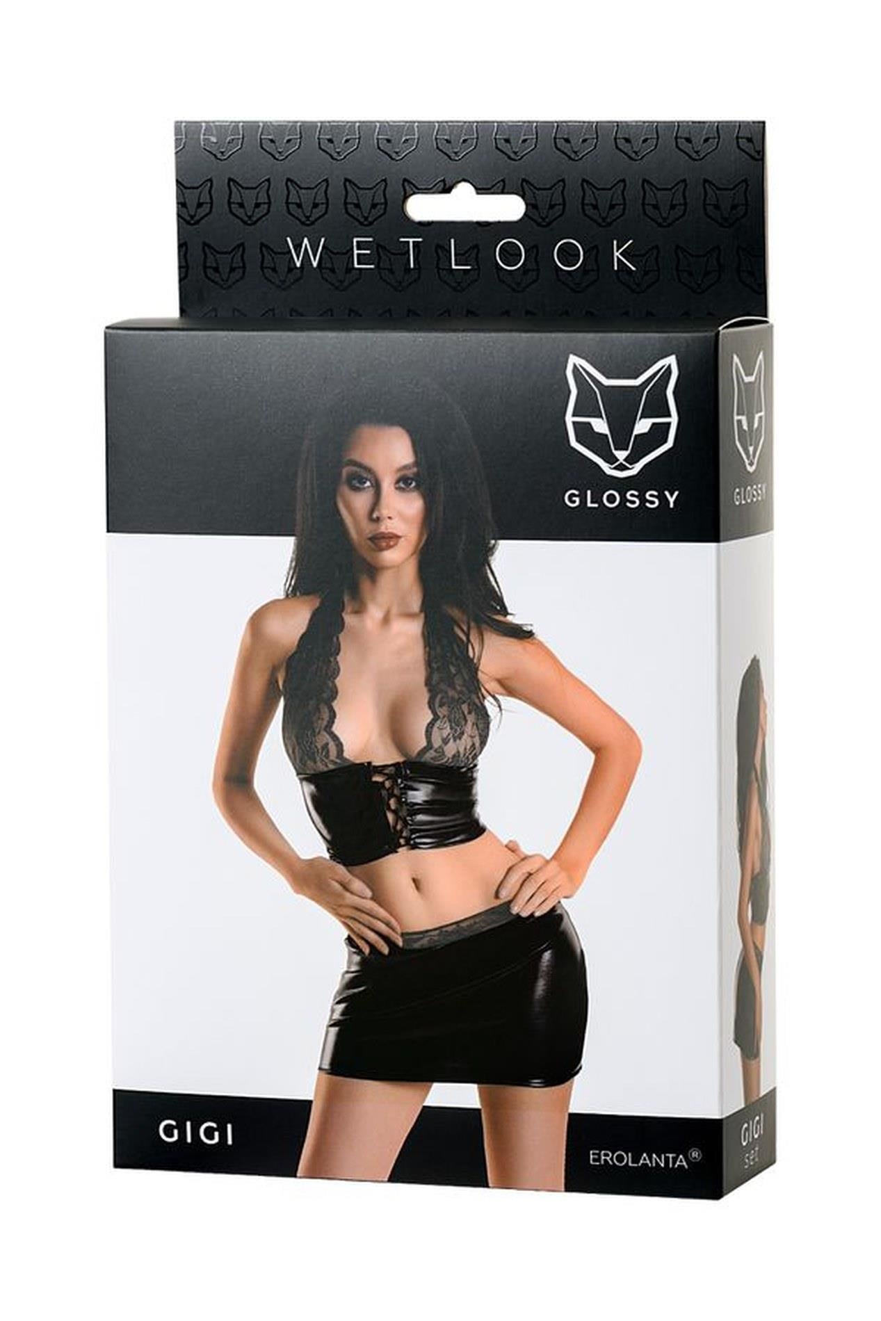 Set lenjerie intimă Gigi lucioasă, aspect umed, negru, M
