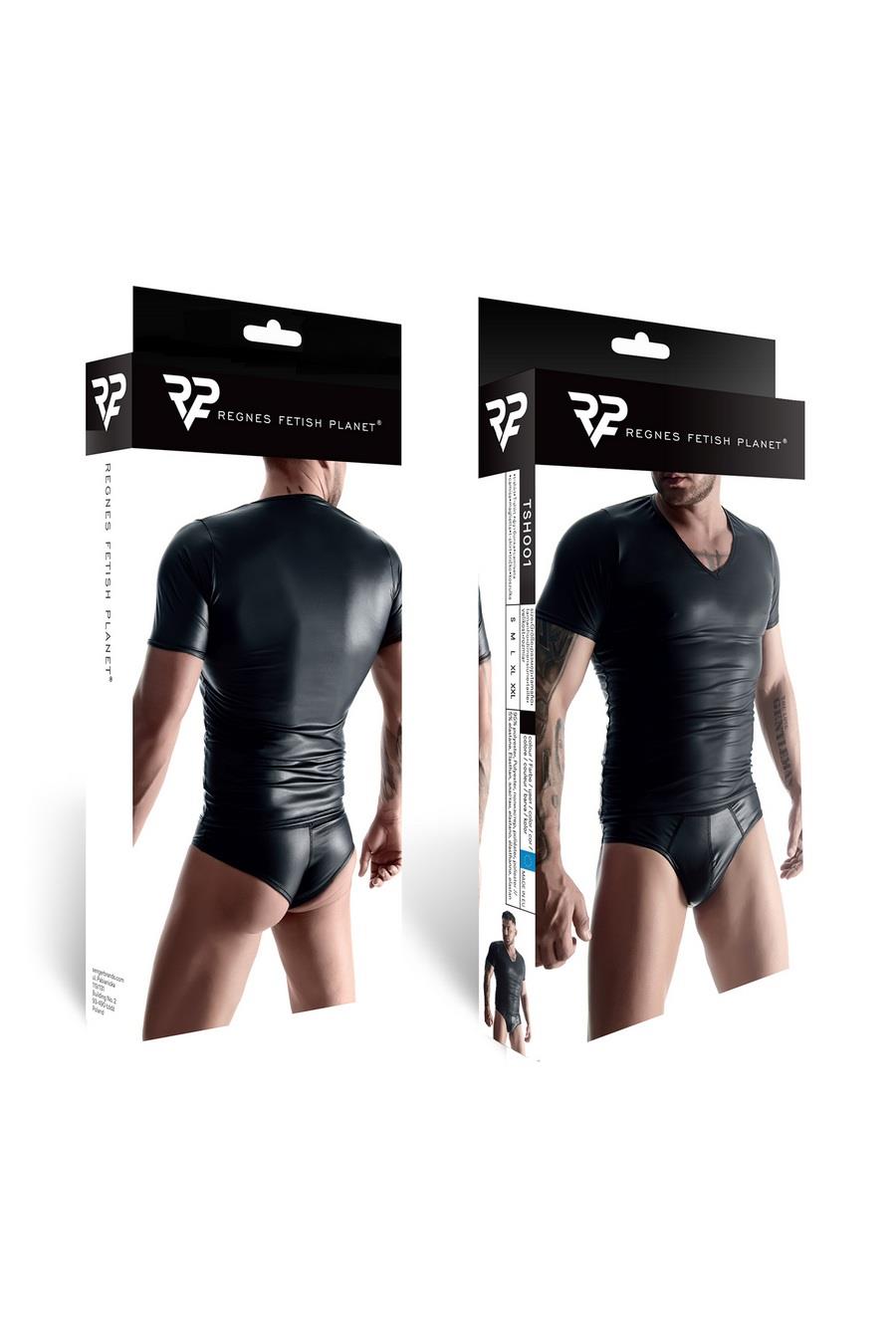 Tricou bărbătesc Regnes Fetish Planet cu aspect ud și guler în V, negru, mărimea L