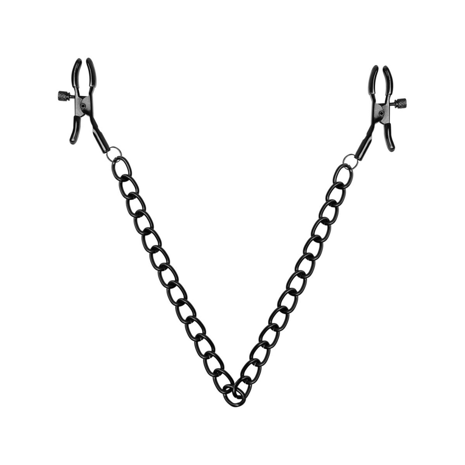 Cleme reglabile pentru mameloane din metal negru cu lanț, fantezii de dormitor