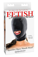 Glugă Fetish Fantasy Series din spandex cu orificiu pentru gură, neagră