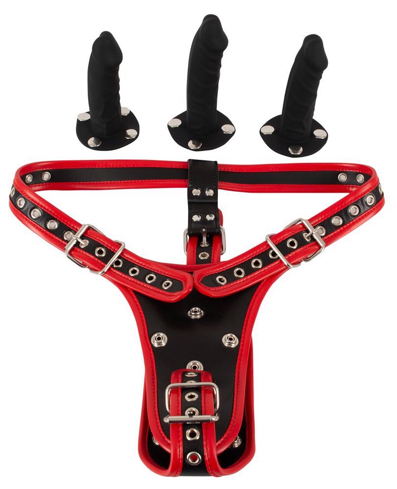 Strap-on Bad Kitty cu trei dildo-uri din silicon S/M