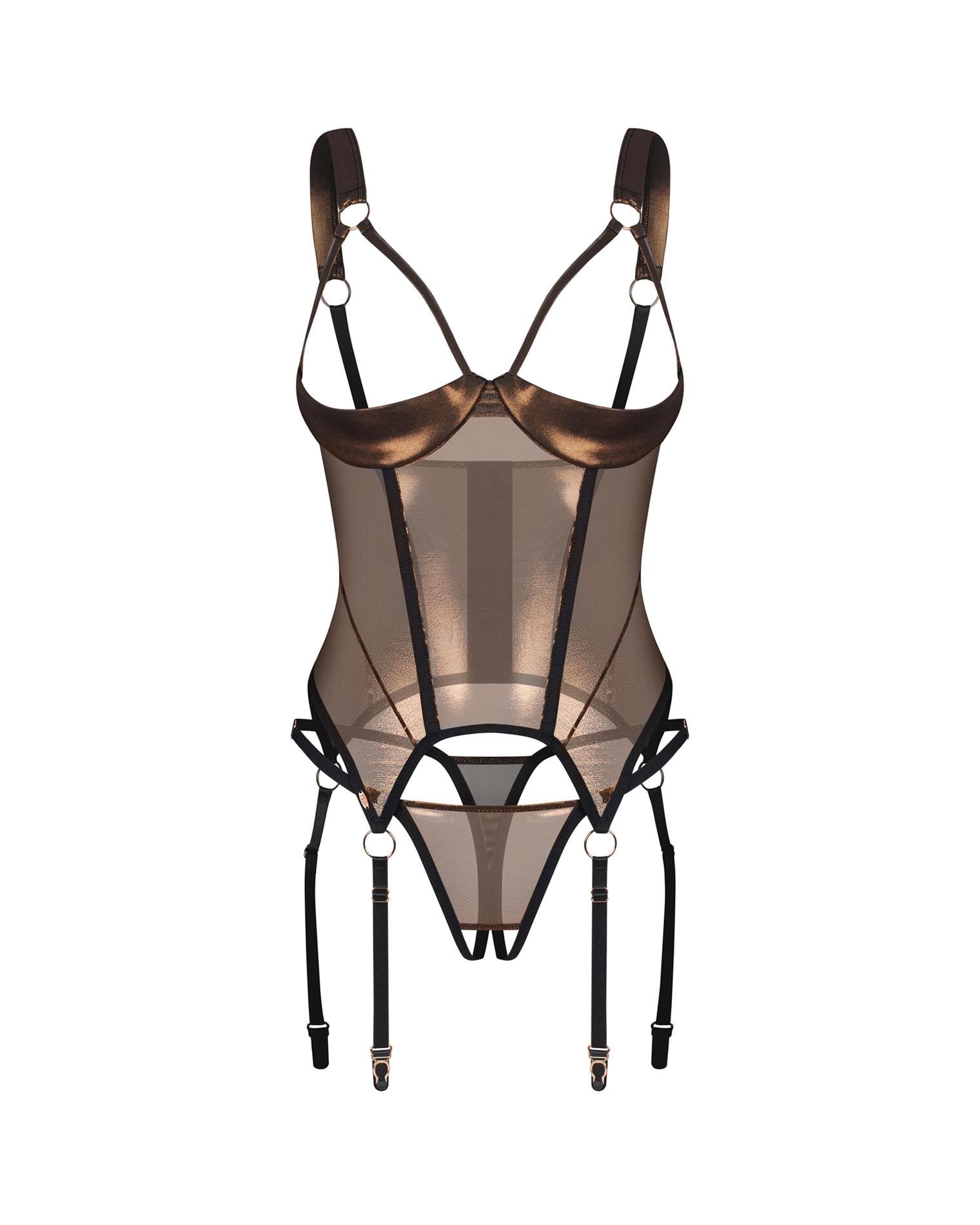 Corset și tanga deschis Soranna Gold Obsessive 2XL/3XL
