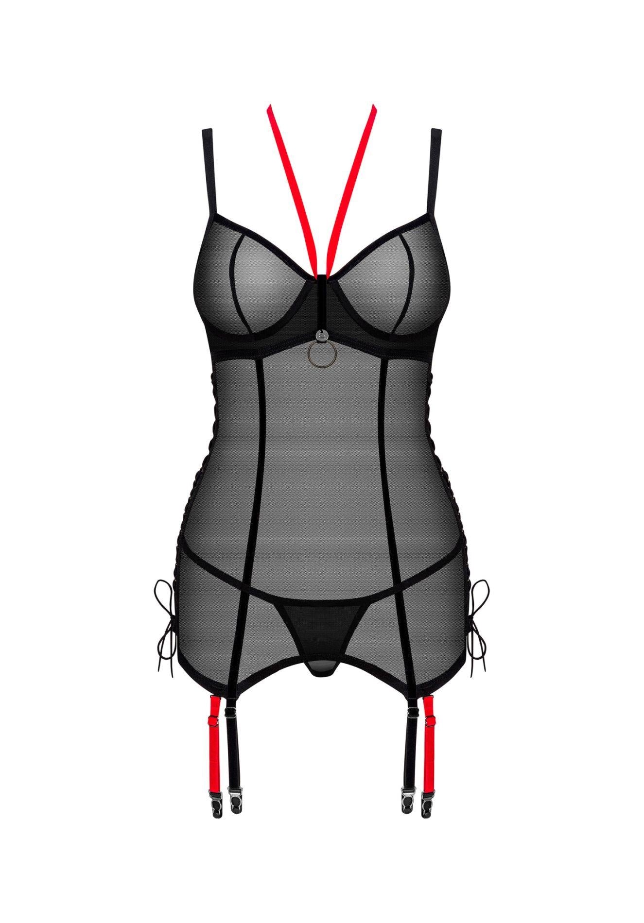 Corset Glandez cu tanga Obsessive negru cu accente roșii XS/S