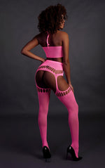 Set lenjerie intimă Ouch roz neon cu top și ciorapi XS/XL