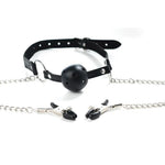 Ball Gag respirabil Fantasy cu cleme reglabile pentru mameloane