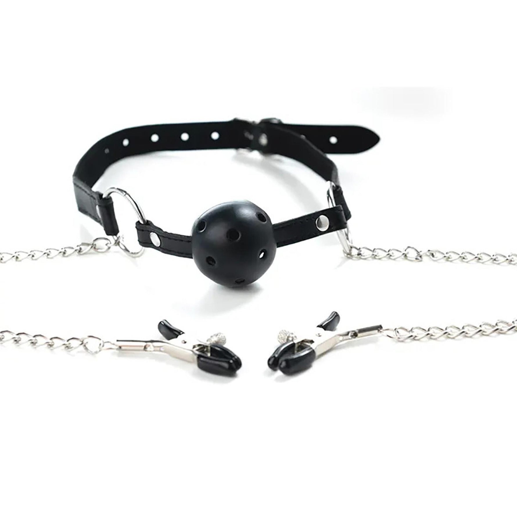 Ball Gag respirabil Fantasy cu cleme reglabile pentru mameloane