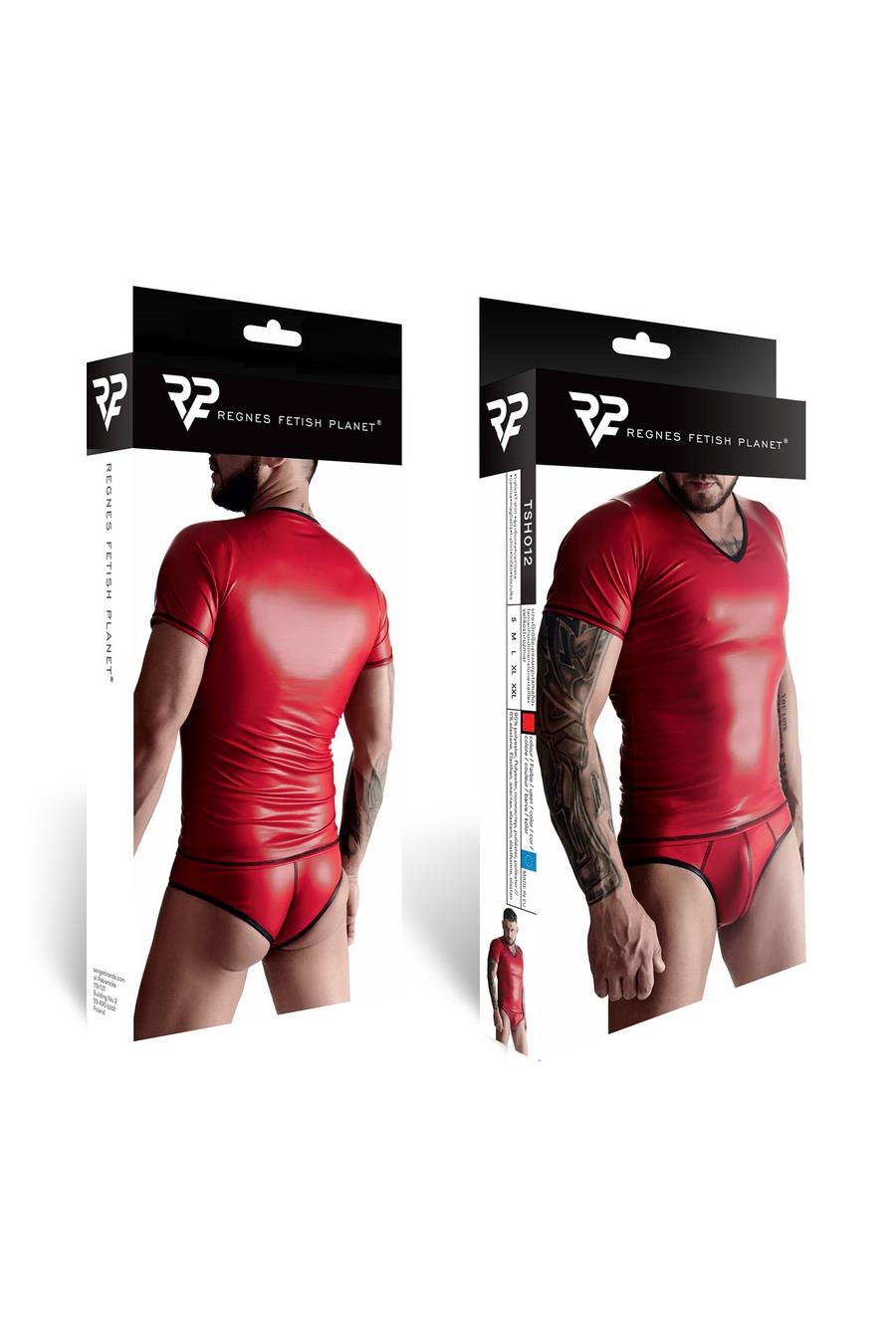 Tricou bărbătesc Regnes Fetish Planet wetlook cu guler în V, roșu, mărimea S
