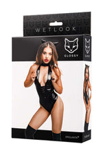Body erotic Kitti lucios cu urechi de pisică, aspect ud, negru, L