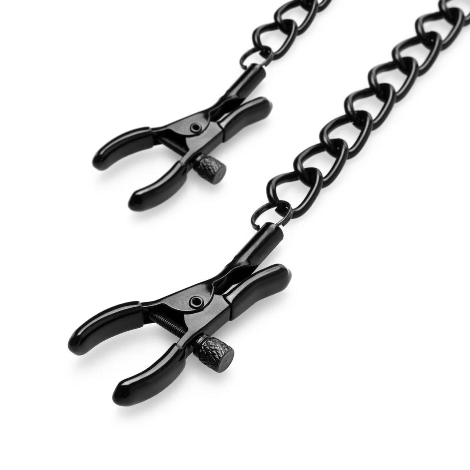 Cleme reglabile pentru mameloane din metal negru cu lanț, fantezii de dormitor