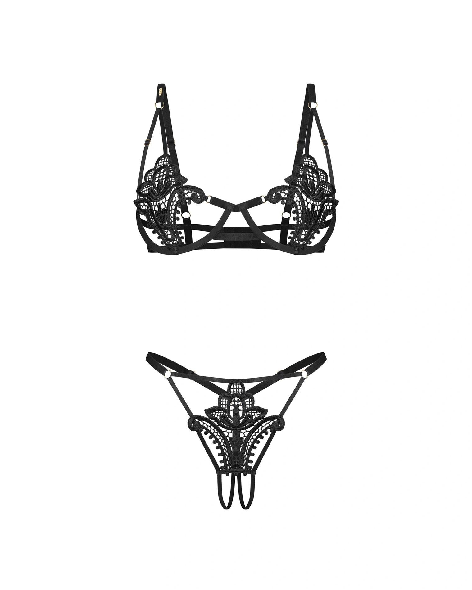 Set lenjerie intimă Obsessive Luise Sublim negru cu imprimeu floral, mărime S/M