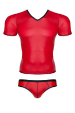 Set bărbătesc wetlook, tricou cu decolteu în V și chiloți brazilieni, roșu S Regnes